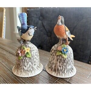 Vintage Towle Fine Bone China Bird Bells Chirping Blue Jay and Robin Set of 2
